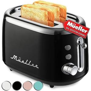 MÜELLERHOME Retro Toaster 2 Slice, 7 Browning Levels, 3 Functions (Reheat, Defrost, Cancel), Stainless Steel Features, Removable Crumb Tray, Under Base Cord Storage, Black 4 Pack