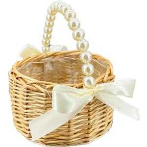 Wicker Rattan Flower Girl Basket with Bows, Pearl Handle Wedding Flower Girl Basket and Home Decorations
