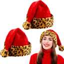 Eurzom 2 Pcs Christmas Santa Hat Furry Xmas Hat with Comfort Lining and Brim Large Unisex Plush Santa Cap for Women Men (Large Simple Style, Red Leopard)