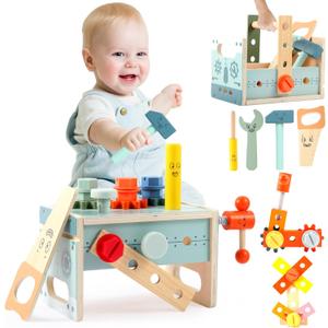 Asweets Kids Tool Bench,32 PCS Wooden Toddler Tool Set with Box,Montessori Toys STEM Educational Pretend Play Construction Toy Best Birthday Gift for 3 4 5 6 Year Old Boys Girls (Blue)