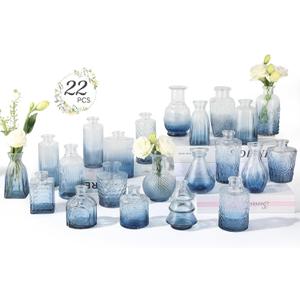 RUCKACE Bud Vases in Bulk 22 Blue Glass Small Vases Flower Vase Bulk for Centerpiece Table Wedding Decorations Home Decor Party(Gradient Blue 22 Pack)