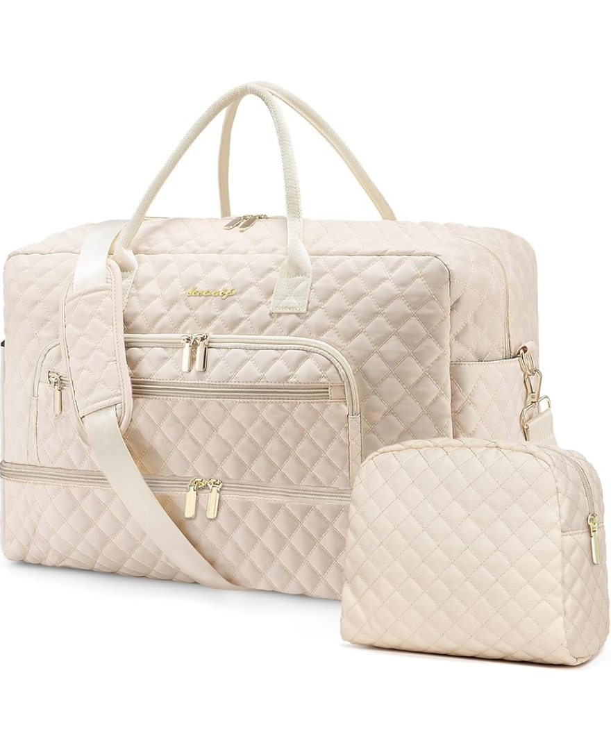 Weekender Overnight Bag Women: Large Travel Duffle Bag with Shoe Compartment & Wet Pocket Carry On Tote Bag Gym Duffel Bag with Toiletry Bag Bag for Hospital Beige