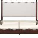 Merax Vintage Queen Size Solid Wood Platform Bed with Upholstered Headboard, Mid-Century Low Bed Frame with Sturdy Wood Legs/No Box Spring Needed/Easy Assembly, Espresso +Beige Fabric