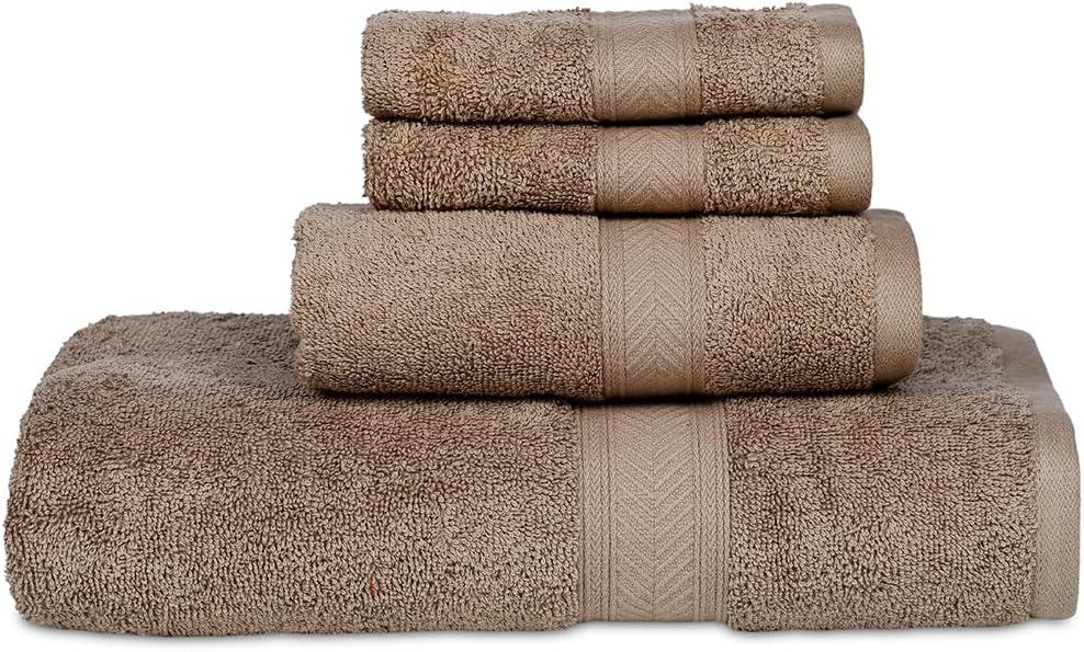 Casa Lino 100% Cotton Bath Towels Set of 4 (1 Bath Towel, 1 Hand Towel & 2 Wash Cloths) - Bathroom Towels and Washcloths Set - Complete Bathroom Set - Guest Room Essentials - (Brown)