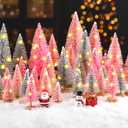 DomeStar 35PCS Mini Christmas Tree, Miniature Christmas Table Decorations 6 Sizes Small Sisal Snow Frost Bottle Brush Trees with Wooden Base for Party Home Crafts Decoration (Pink/Silver)