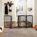 PUPETPO Freestanding Dog Gates with Door Walk Through, Pet Gate for Stairs, 80 inch Wide Gates Indoor, Dog Fences Indoor, Support Feet Included, 4 Panels, 32" Tall, Grey