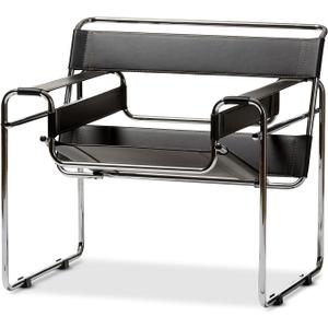 Baxton Studio Wassily Style Mid Centry Modern Accent Chair,Steel Frame and Faux Leather, Wide Seating (Black)