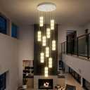 ykolupty Long Staircase Crystal Pendant Chandeliers 10-Lights Silver Column Crystal Chandeliers Foyer Entrance High Ceiling Hanging Chandelier 2700-6000k Dimmable Fixtures LED Big Chandeliers