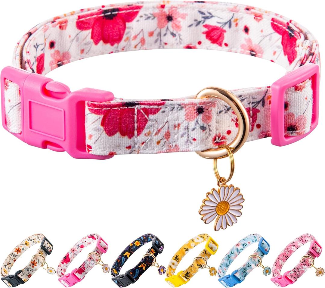 Cotton Dog Collar Light Pink Flower Pattern for Boys and Girls Cute Dog Collars Summer Fall Gift Adjustable for Small to Medium Breed Dogs (XS)