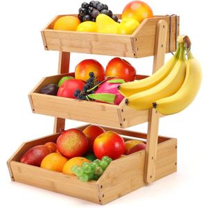 yeatruojeet Bamboo Fruit Basket 3 Tier Fruit Bowl For Kitchen Counter, Large Capacity Fruit Holder With 2 Banana Hangers, Countertop Vegetables Fruit Bowl, Idea For Fruit and Vegetable Storage