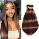 T1BP4/30 Dark Brown Bundles Ombre Light Brown Straight Human Hair 3 Bundles 12 14 16 Inch Unprocessed Brazilian Virgin Human Hair for Women Hair Extension Double Weft