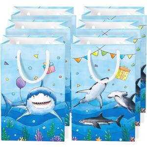 WERNNSAI 16Pcs Shark Party Favor Bags - Blue Shark Birthday Party Gift Bags for Kids Boys Under The Sea Birthday Decorations Shark Goodie Bags with Handle for Baby Shower Summer Sea Party Supplies