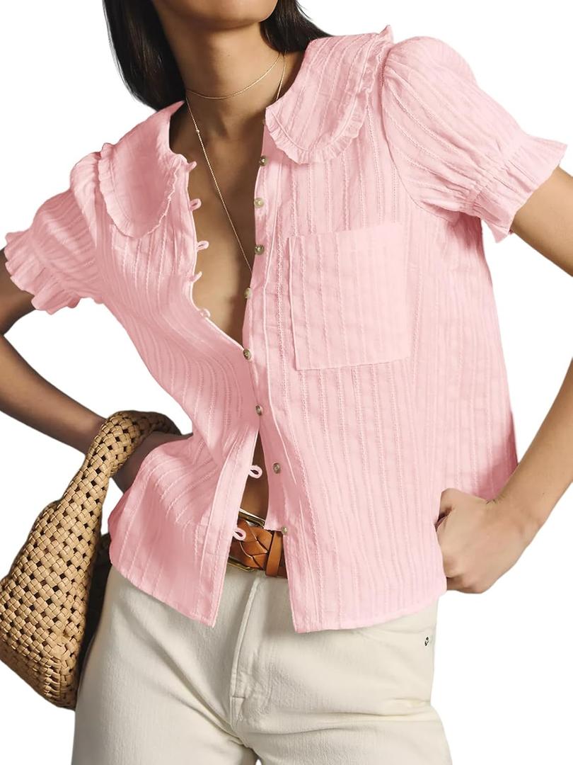 Tankaneo Womens Puff Sleeve Shirts Peter Pan Collar Button Down Cotton Blouse Casual Summer Textured Tops (Medium, Light Pink)