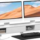 Artswish Dual Monitor Riser White for 2 Monitors, 2-tier Monitor Stand with Drawer,Computer Monitor Stand Riser with 2 Adjustable Feet,42.4 Inch Long Desk Shelf for Monitor, Printer, TV, White with Grey Texture