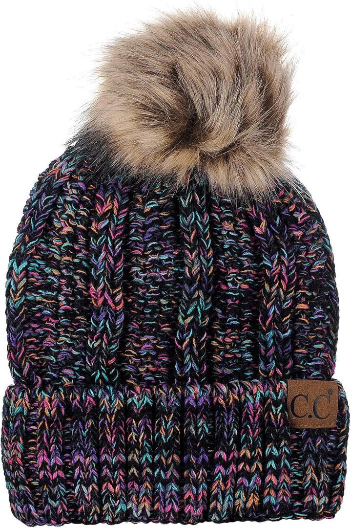 C.C Thick Cable Knit Faux Fuzzy Fur Pom Fleece Lined Skull Cap Cuff Beanie