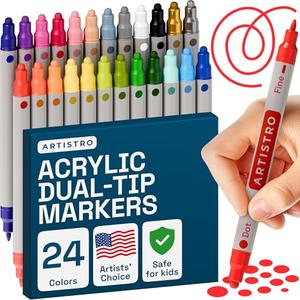 ARTISTRO 24 Dual Tip Acrylic Paint Markers, Acrylic Paint Pens, Fabric Markers for Textile, Rock, Glass, Wood, Paper, Ceramic, Canvas DIY Art Supplies Kit for Kids and Adults (Dual Tip Dot + Fine, 24)