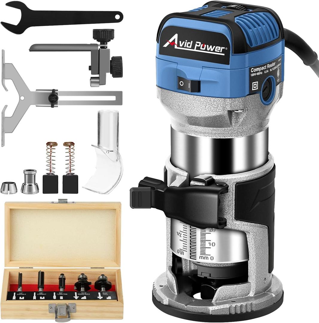 AVID POWER 6.5 Amp 1.25 HP Compact Router Tools for Woodworking, Fixed Base Wood Router with Trim Router Bits, 6 Variable Speeds, Edge Guide, Roller Guide, Dust Hood (Blue, 65mm)