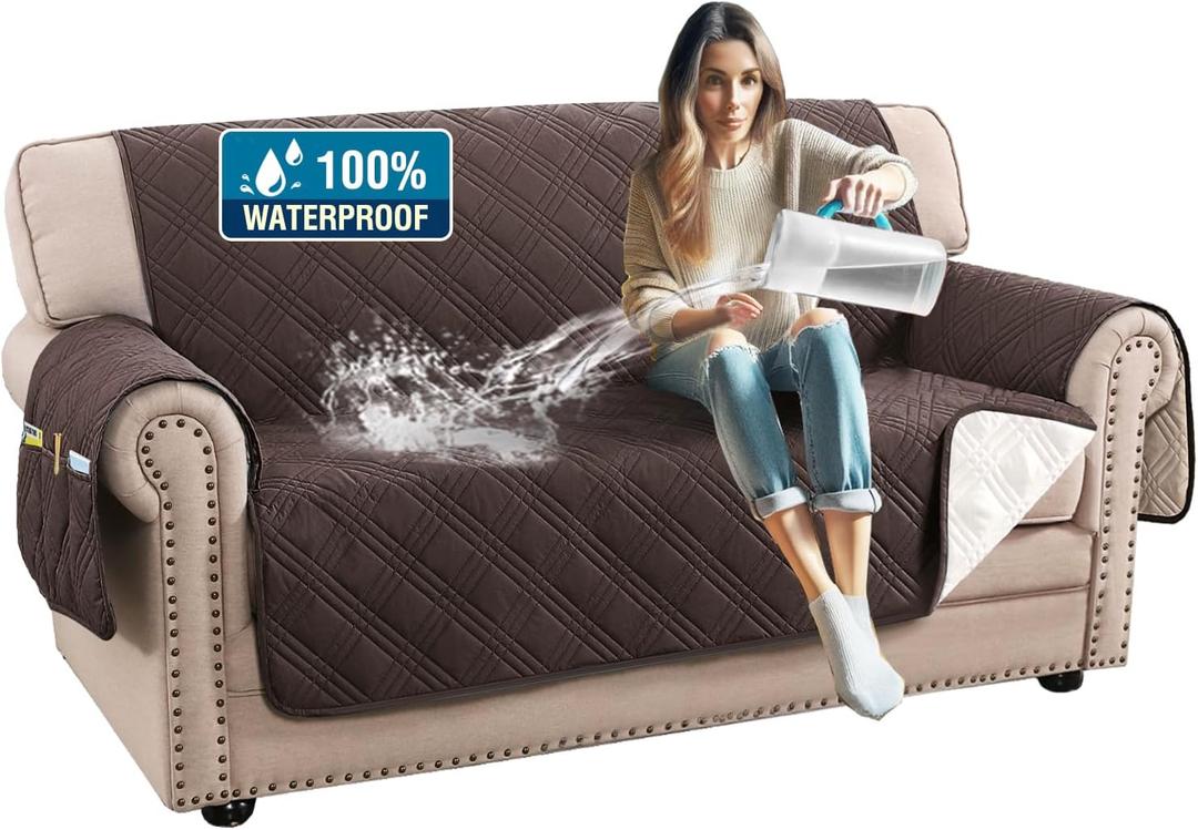 H.VERSAILTEX 100% Waterproof Couch Cover 2 Cushion Sofa Modern Sofa Covers Waterproof and Washable Thick Soft Couch Cover for Pets with Elastic Straps(Loveseat, Chocolate/Beige)