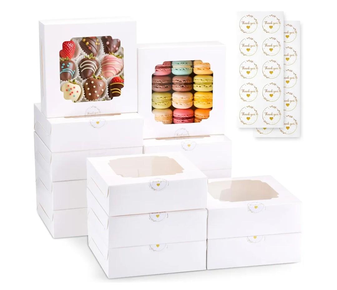 20-Pack Bakery Boxes with Window, 8"x8"x2.5" White Treat Boxes for Dessert, Cookie, Chocolate Strawberry, Donut and Pastry