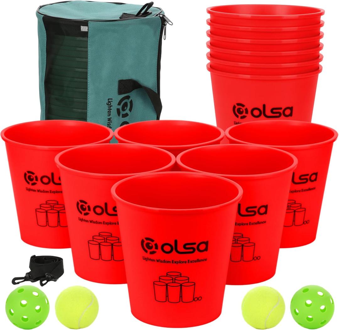 Olsa Giant Pong Yard Games, Yard Pong Outdoor Game for Adults and Family, Toss Backyard Lawn Games with 12 Buckets, Balls, Strength Carrying Bag for Beach Camping Backyard Party(Red)