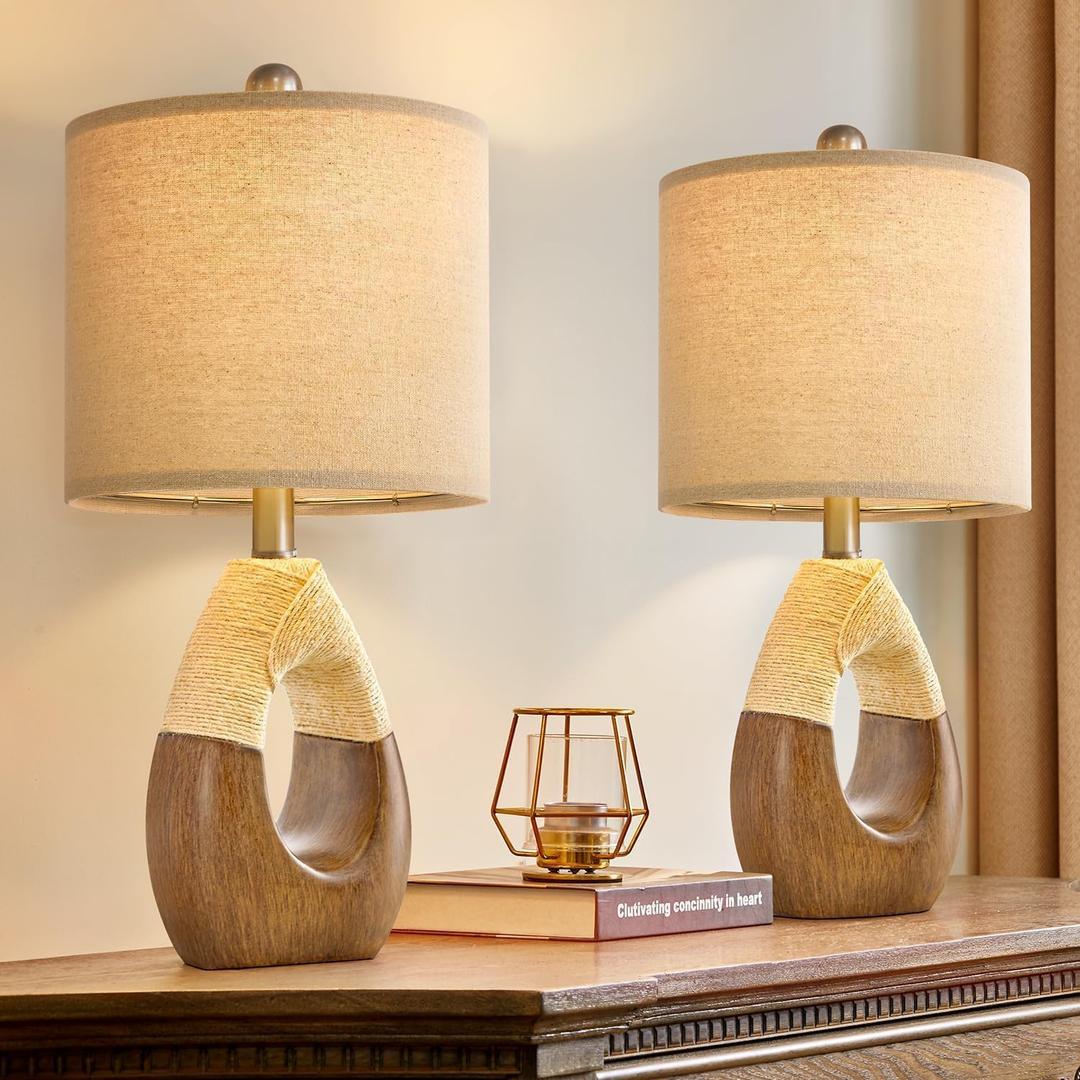 OYEARS Boho Table Lamps Bedroom Living Room Set 2,Suitable for Small Space,Farmhouse RattanTable Lamp 19Rustic Egg Design Resin Light Decoration,Nightstand Bedside Lamps for Office Study Rest