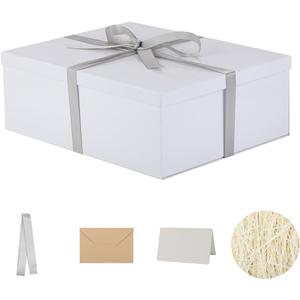 Extra Large Gift Box with Lid 17x13x6 Inches, White Gift Boxes for presents Packaging for Birthdays, Valentine's Day, Christmas, Anniversaries (Include Shredded Paper Fill, Envelope Card Ribbon)