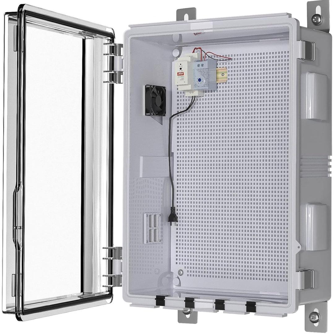 Outdoor Electrical Box with Thermostat and Fan, Ventilated Design, Cable Grommets, Indoor/Outdoor Use with Mounting Panel. (Clear Cover, 19.7"x15.7"x7.9")