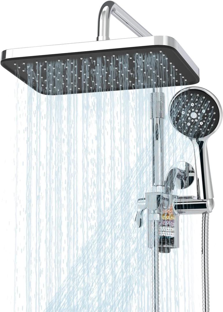Filtered Shower Head with Handheld Spray Combo,12 inch High Pressure Rainfall Shower Head with Adjustable Slide Bar,Dual Rainfall Showerhead,Bathroom Accessories,Black (Chrome)