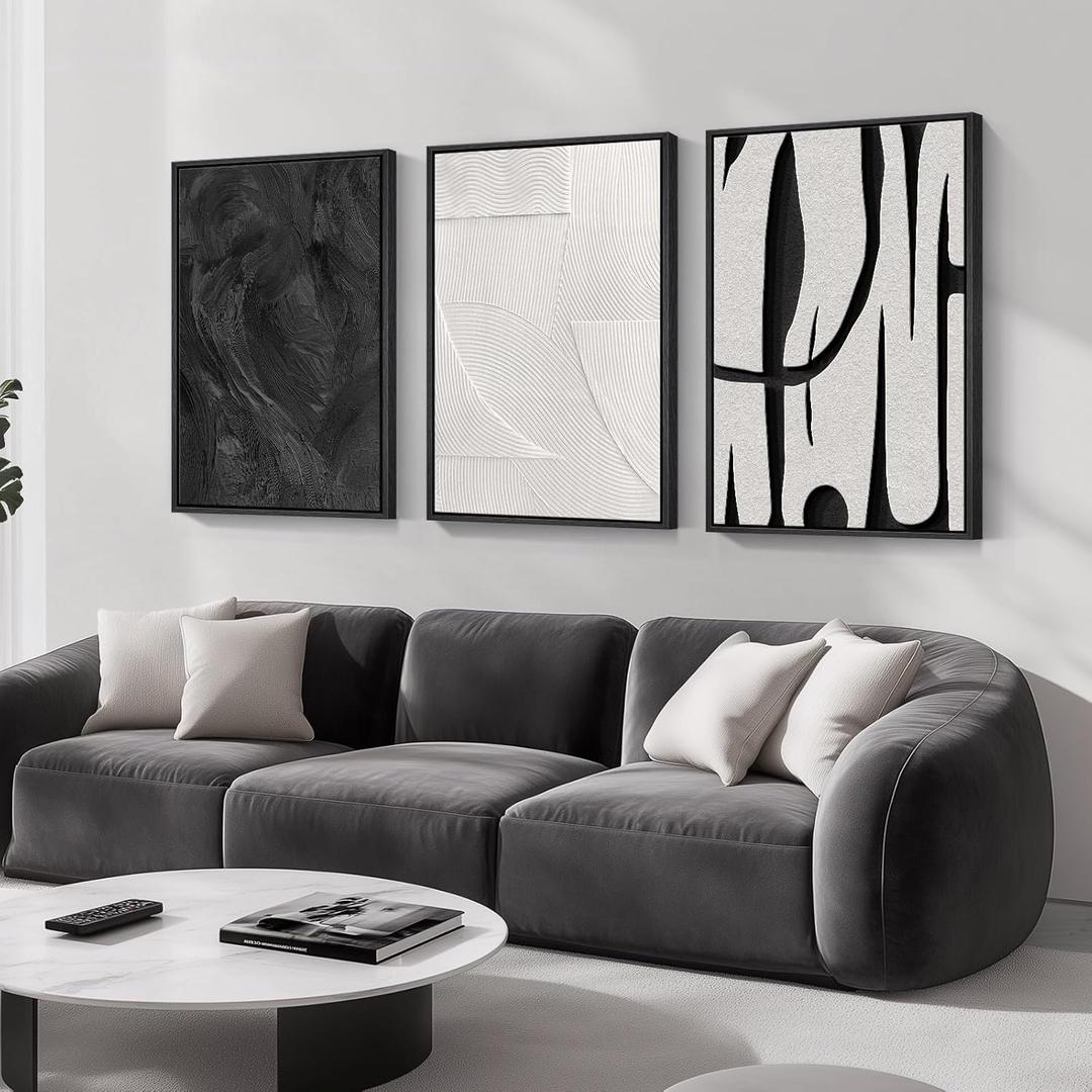 Large Framed Black and White Abstract Wall Art for Living Room, 3 Piece Canvas Prints Paintings Artwork for Walls, Modern Minimalist Pictures for Hallway Stair Office Wall Decor -Total Size 30x60 Inch