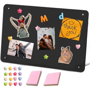 Desk Magnetic Message Board with Stand,11 x 7.9in Magnet Photo/Memo Display Board with Cute Fridge Magnets,Sticky Notes,for Home School Kitchen Office Desk Accessories (Black)