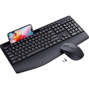 Ergonomic Wireless Keyboard and Mouse Combination, LIZRROT 2.4GHz Quiet Full Length Mouse and Keyboard, Wrist Stand, Phone Holder, Compatible with Windows, PC, Laptops (Black-non-backlit)