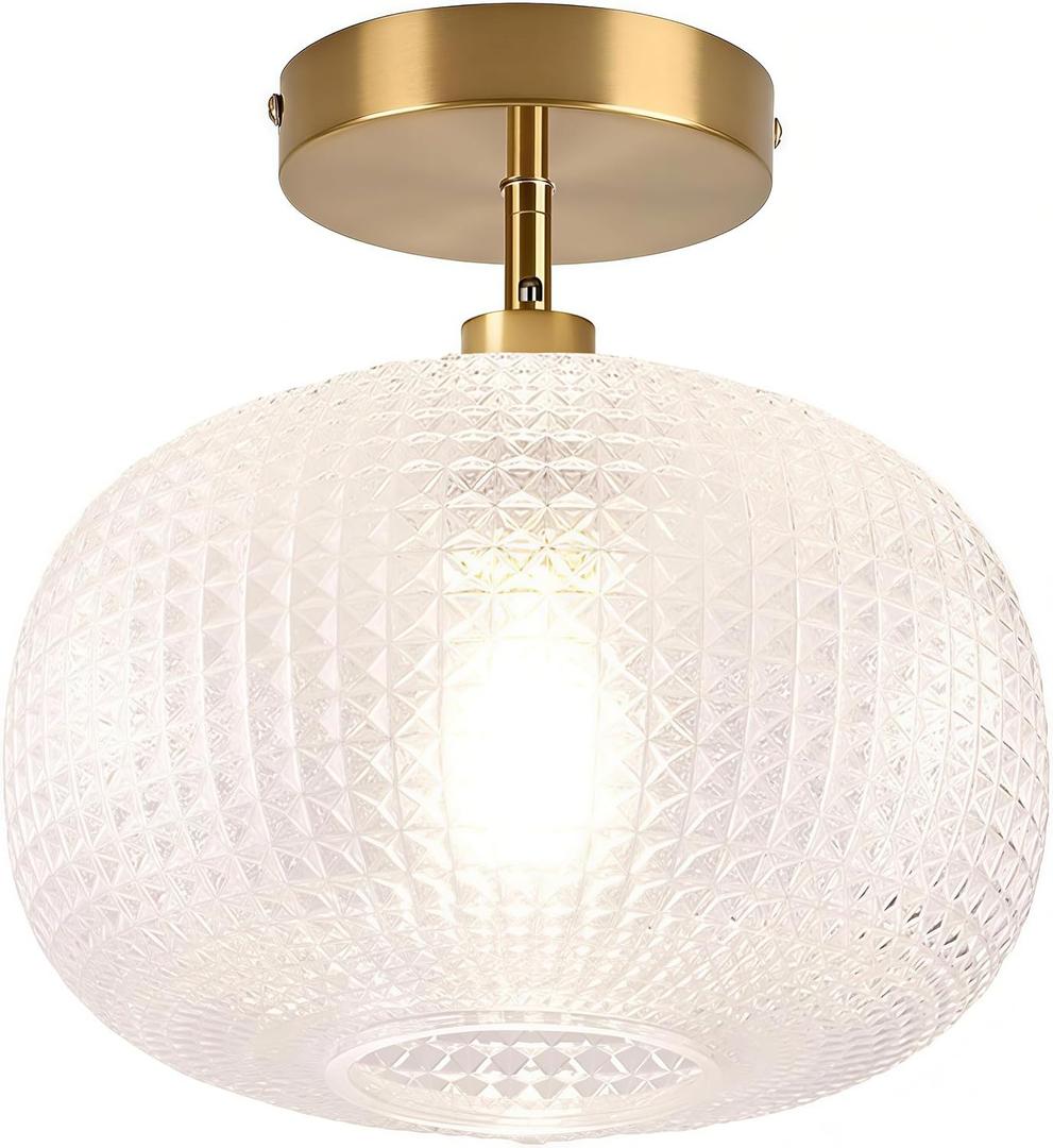 Gold Semi Flush Mount Ceiling Light Fixture,Hallway Light Fixtures,Vintage Ceiling Light Fixture,Globe Glass Ceiling Fixture,Hanging Ceiling Lamp,Farmhouse Lighting for Bathroom Entryway Bedroom