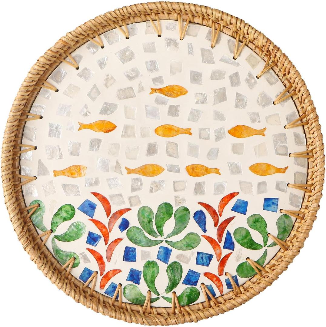 Round Rattan Tray with Mother of Pearl Inlay, Decorative Wicker Serving Tray with Wooden Base, Woven Basket Trays for Bread Fruits Coffee (Seabed)