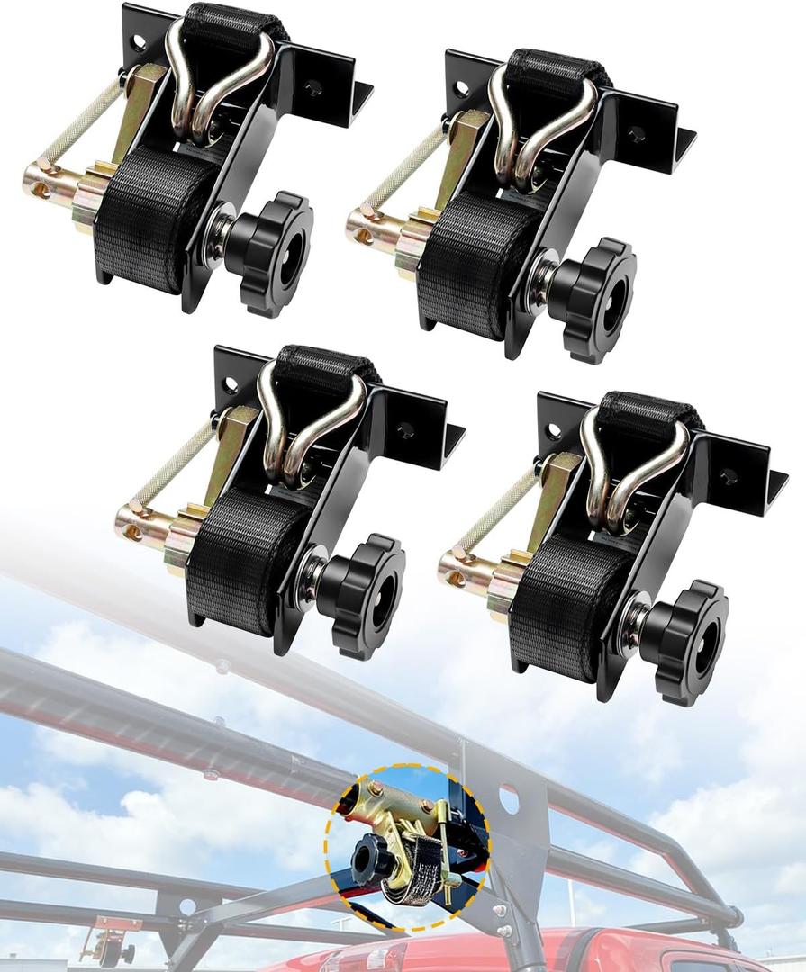 Ladder Rack Ratchet Straps with J-Hook (4 PCS), 1.4" Black Square Tube Mount, 1.5" Wide x 7.5' Long Black Retractable Ratchet Tie Down Strap Roof Rack, 500 lbs Load Heavy Duty, Cargo Buckle Lock Strap