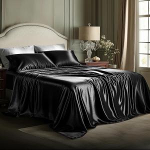 Bedsure Black Satin Sheets King Size - 4 Piece Silky Bedsheets with 15 Inches Deep Pocket Fitted Bedsheet,1 Flat Sheet, 2 Satin Pillowcases, Good for Hair & Skin (King, Black)