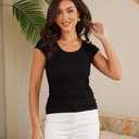 Women Shirts Crew Neck Ribbed Slim Fitted Side Ruched Basic Tops for Woman Cap Sleeve Summer Casual T Shirts Black XL