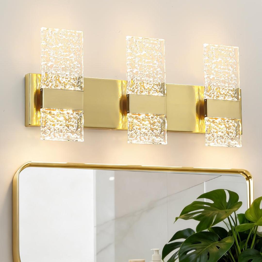 Modern Polished Gold 3 Light Bathroom Vanity Light, Eleglant LED Bathroom Light Fixtures Over Mirror, Hardwired Acrylic Shade Wall Lighting Fixtures, Dimmable, 3CCT(3000/4000/5000K)