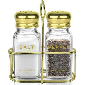Gold Salt and Pepper Shakers Set with Holder by Brighter Barns - Luxury Kitchen Decor & Accessories - Modern Glass Shakers with Stand & Stainless Steel Lids for Neutral Home, Restaurants (Clear/Gold) Gold Salt and Pepper Shakers Set with Holder by Brighter Barns - Luxury Kitchen Decor & Accessories - Modern Glass Shakers with Stand & Stainless Steel Lids for Neutral Home, Restaurants (Clear/Gold)