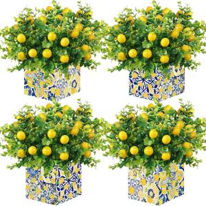 4 Sets Blue Tiles Lemon Table Centerpiece Decor Box and 16 Artificial Lemon Branches Amalfi Coast Capri Positano Lemon Party Supplies for Capri Mediterranean Wedding Birthday Baby Shower Party Decor (Yellow White-a)