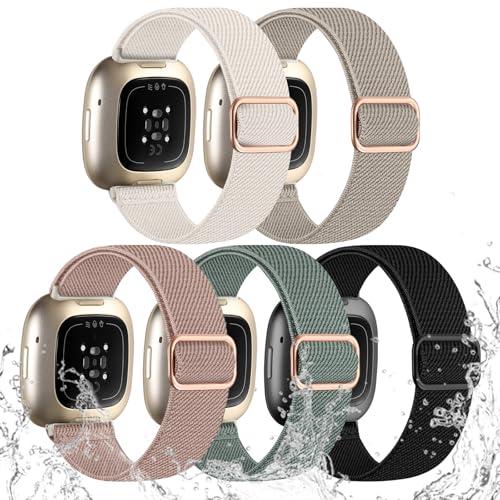 Odbeai Compatible with Fitbit Versa 4 Bands for Woman/Versa 3 Band, Compatible with Fitbit Sense 2 Bands/Sense Band, Water-Resistant Adjustable Stretchy Nylon Sport Strap for Smart Watches, 5 Packs