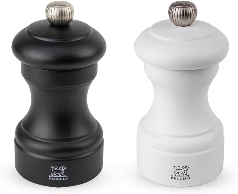 Peugeot Bistro Duo Manual Salt and Pepper Mill Set - Classic Adjustable Grinder, Beechwood, 4 inch, Black and White (2.4 x 2.4 x 3.1 inches (Pack of 1))