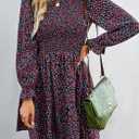 KIRUNDO Long Sleeve Dress for Women 2025 Summer Fall Wedding Guest Smocked Floral Crewneck Ruffle A Line Flowy Mini Dress (L)