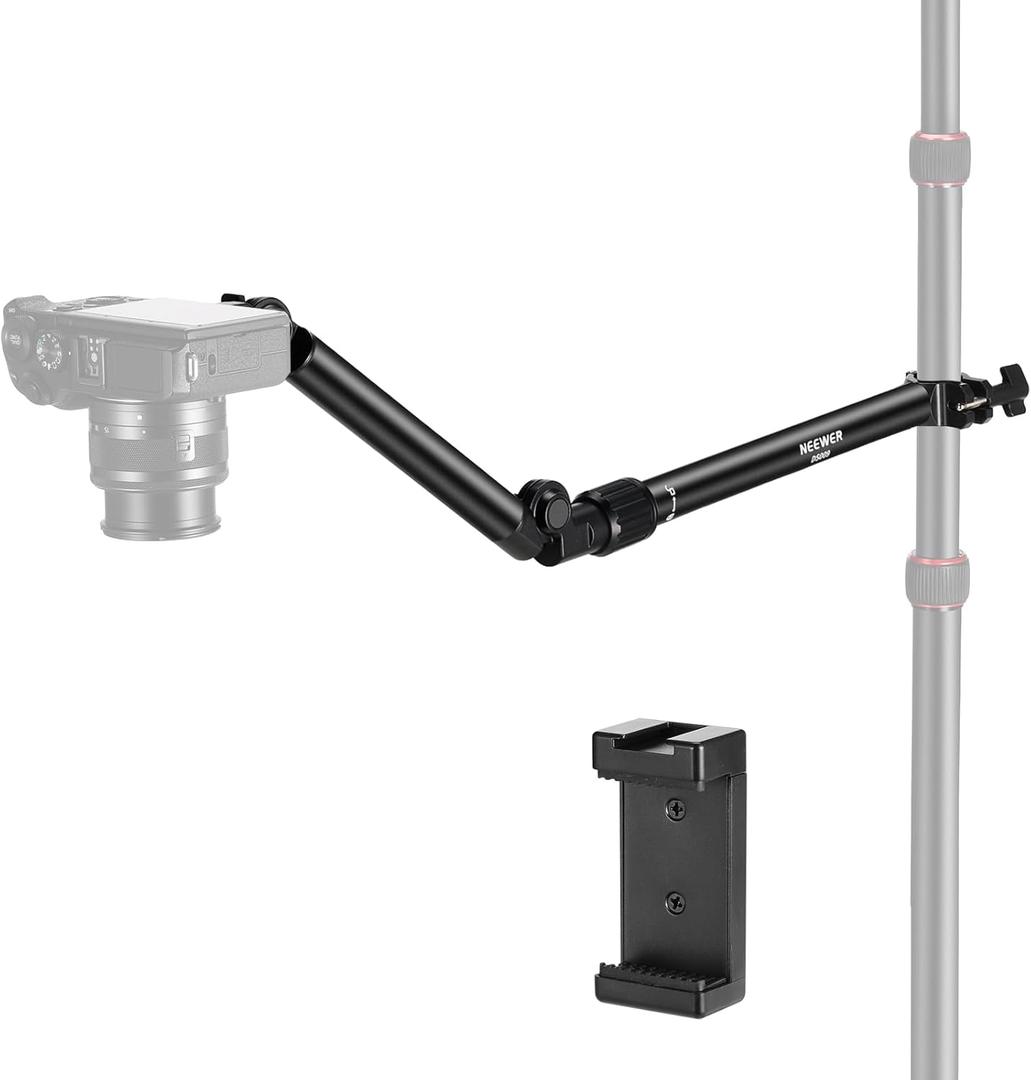 NEEWER Overhead Camera Mount Arm with Phone Clip, 22"/56cm 180&360 2 Section Flexible Holding Arm for Desk Stand, Fits 0.87"-1.1" Tube, 5.5lb/2.5kg Max Load for Camera LED Ring Light Mic, DS009