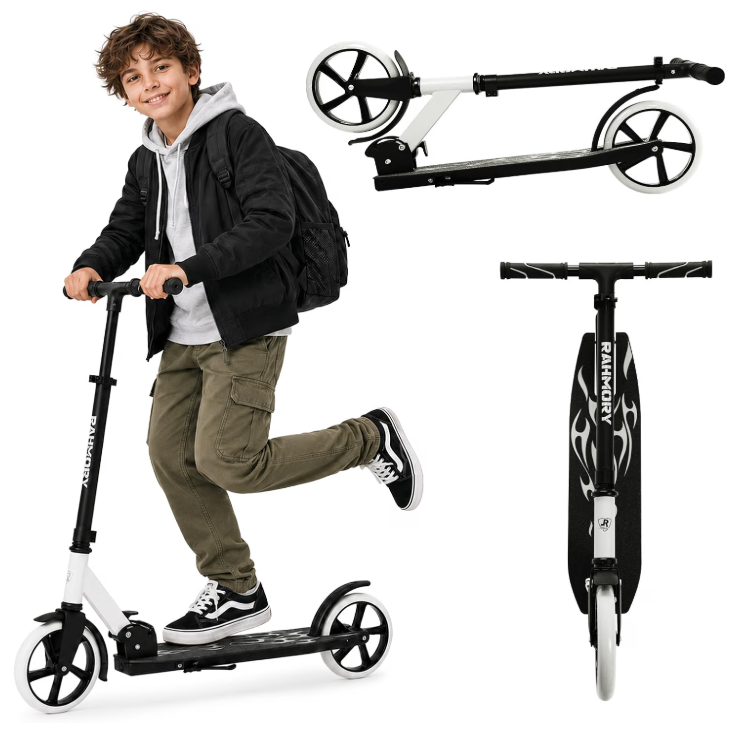 Rahmory Kick Scooter for Ages 6+,Kid, Teens & Adults. Foldable Kick Scooter for Boys with 4 Adjustable Heights, ABEC9 Bearings, Supports Up to 220 lbs.