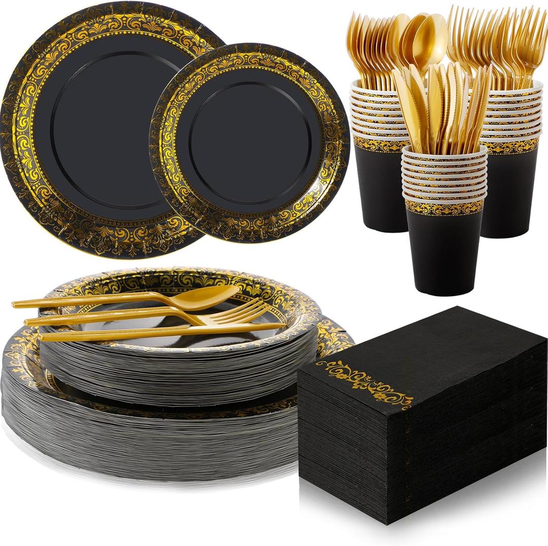 meekoo 350 Pcs Black Plastic Dinnerware Set Disposable Paper Plates for 50 Guests 9in and 7in Dinner Dessert Plates Napkins Gold Rimmed Cups Knives Forks Spoons for Party Wedding(Round Floral)