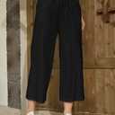 Womens Linen Pants Wide Leg High Waisted Drawstring Casual Flowy Pants with Pockets (Black, M)