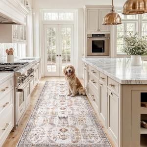 Madane Hallway Runner Rug 2'6''x10' Kitchen Runner, Non Slip Vintage Runners for Hallways Washable Kitchen Rugs Soft Low Pile 2.5x10 ft Rug Runner for Laundry Room, Entryway and Bedroom, Brown/Gold