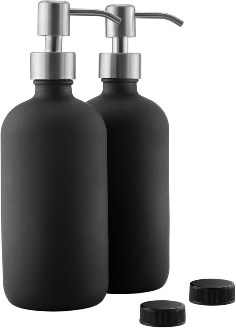 Cornucopia Brands 16oz Black Glass Bottles w/Stainless Steel Pumps (2-Pack); Black Coated Boston Round; Lotion, Hand Care & Soap Dispensers
