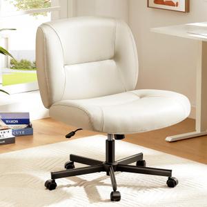 Marsail Criss Cross Chair with Wheels, Wide Mid-Back Comfy Armless Office Chair, Scratch-Resistant PVC Leather Cross Legged Desk Chair, Height Adjustable Vanity Computer Desk for Home Office (Beige)