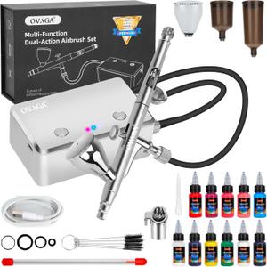 OVAGA 32PSI Airbrush Kit with Compressor, Rechargeable Multi-Function Dual-Action Airbrush Set Portable with Airbrush Paint Set 11 Colors for Painting Makeup Cake Decor Model Coloring Nail Art, Silver